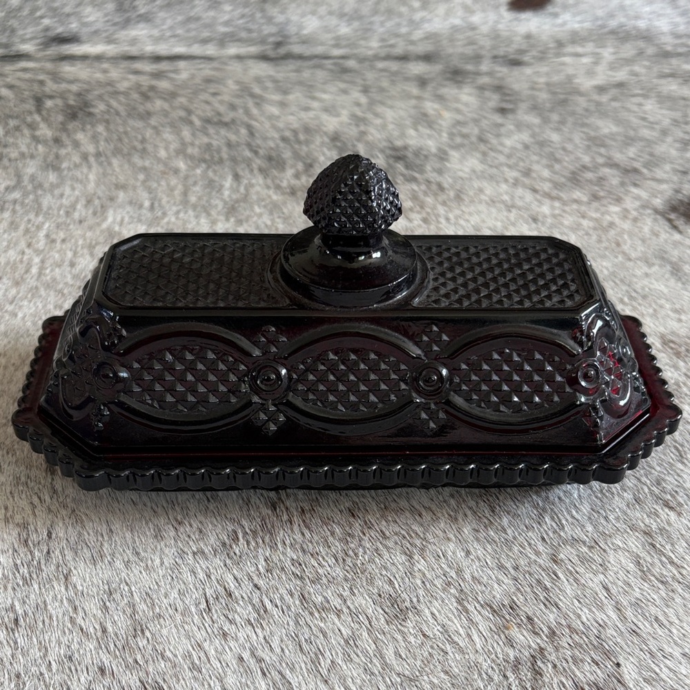 Avon Ruby Red Pressed Glass Covered Butter Dish